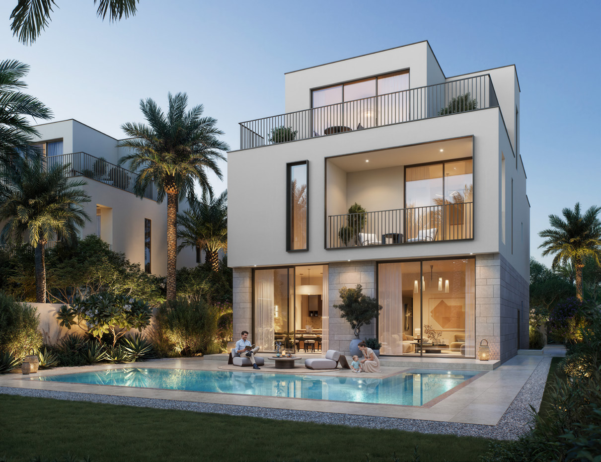Serro 2 villa glowing at dusk above its garden pool