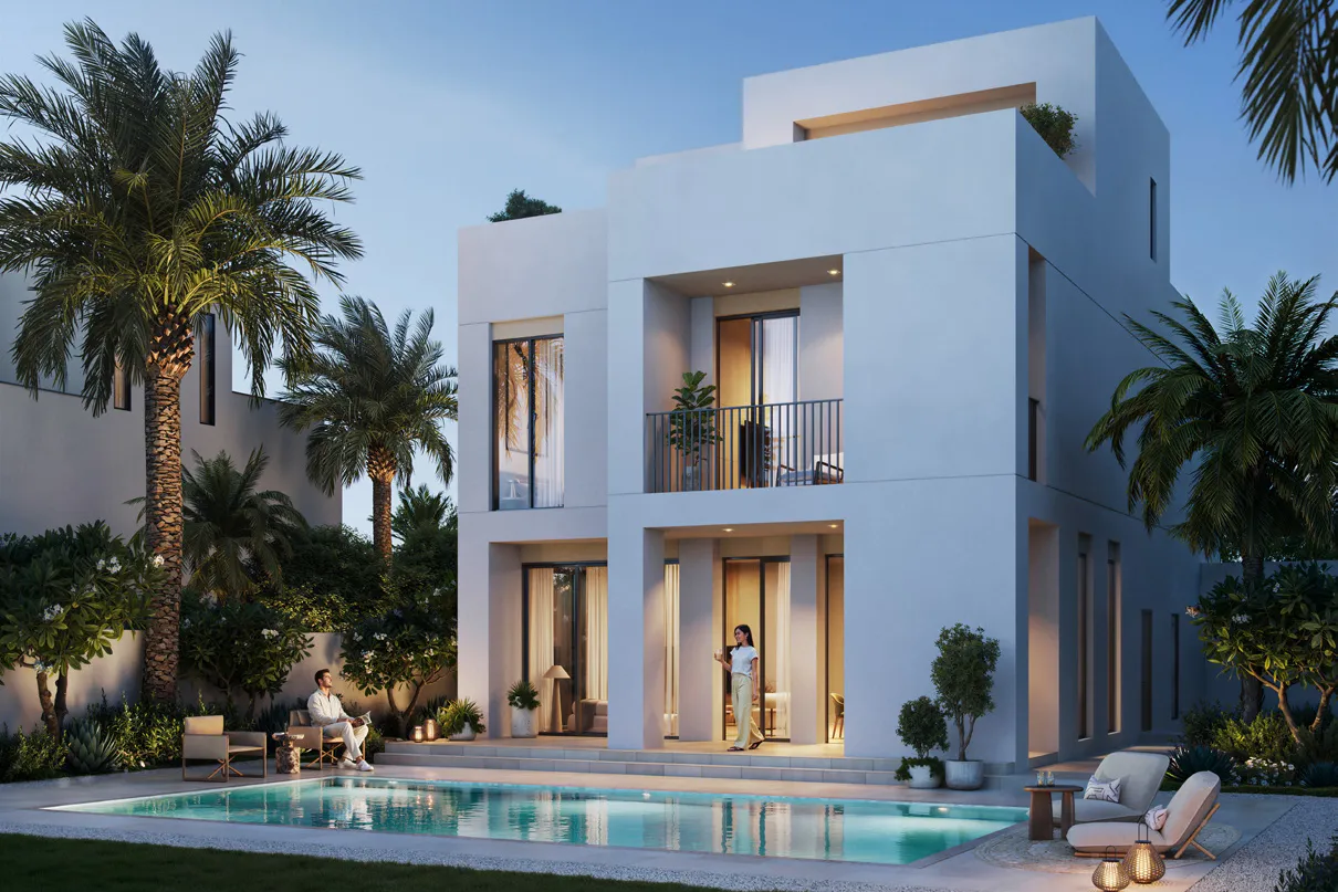 Salva villa garden with private pool and loungers at twilight