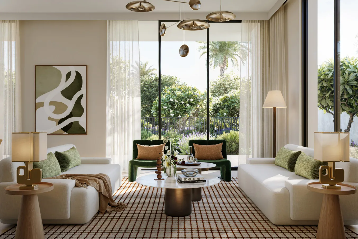 Living room with cream sofas and green velvet chairs facing the garden