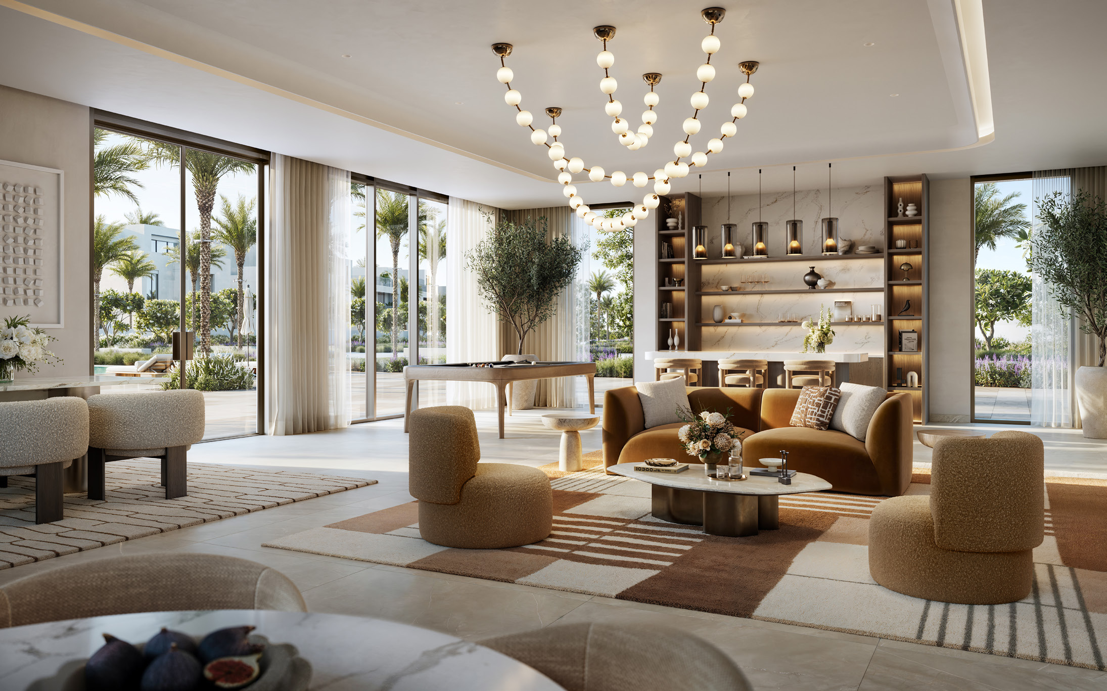 Lounge with pearl chandelier, velvet sofa and pool table