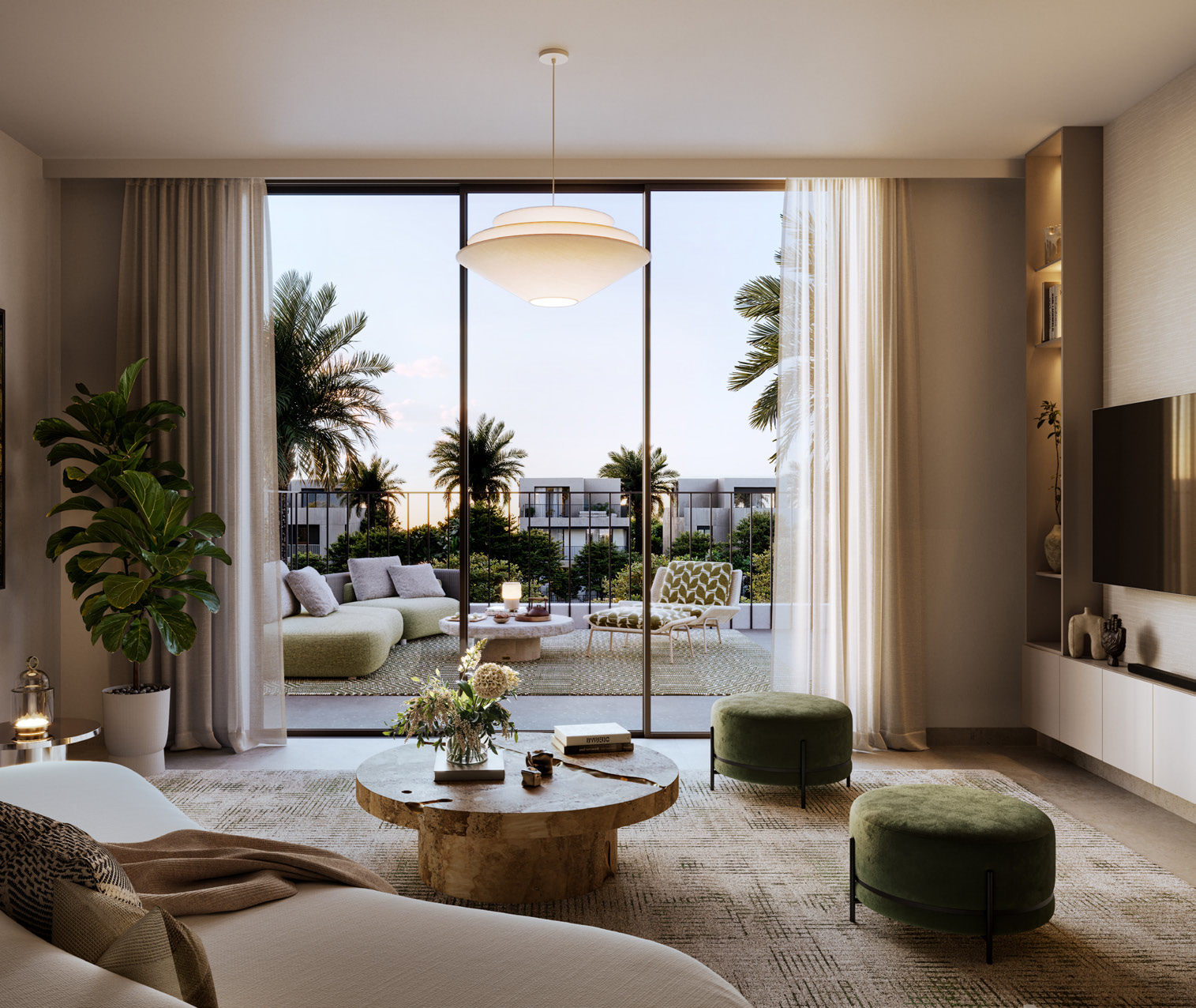 Sitting room opening onto a balcony with palm views