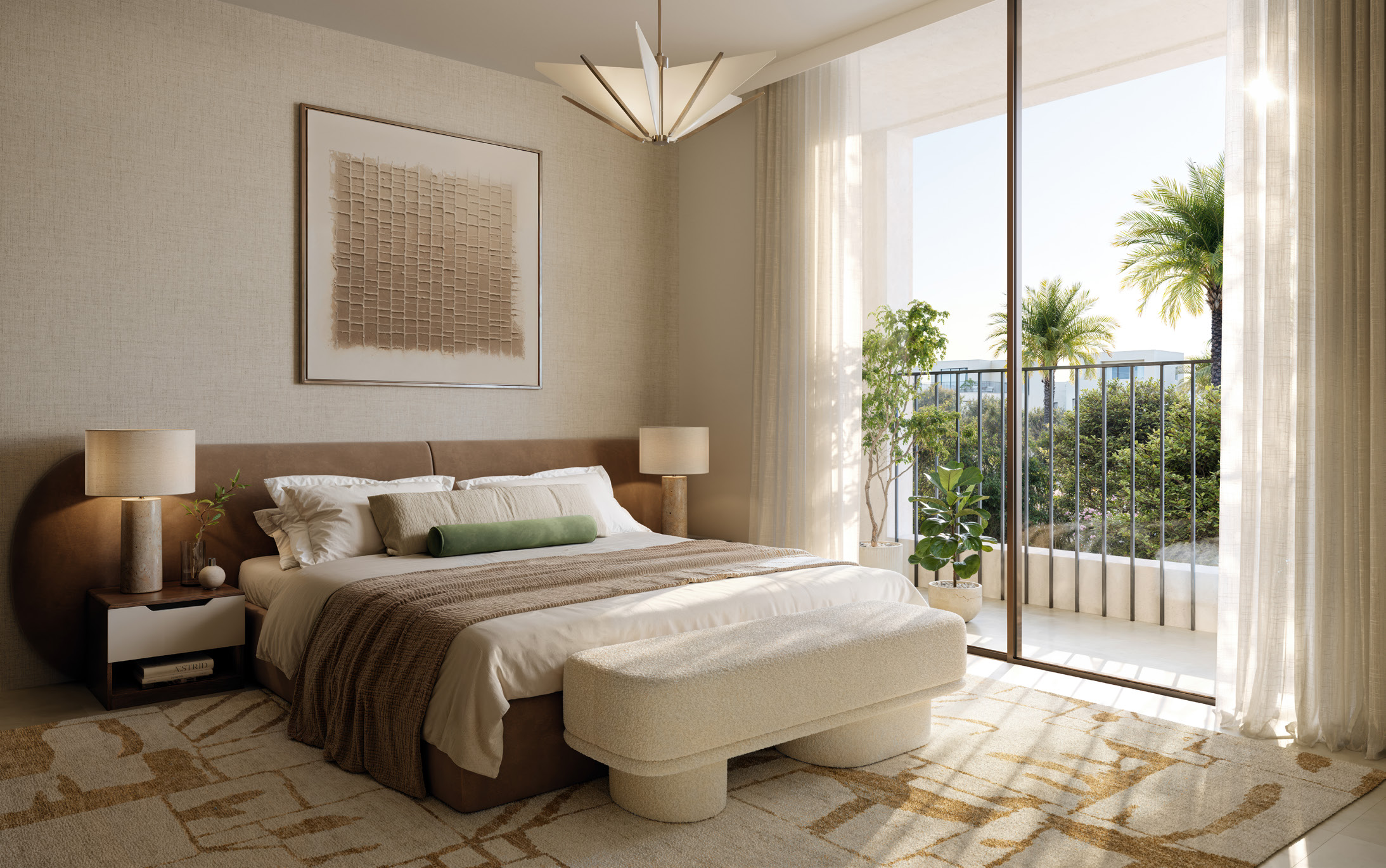 Bedroom in soft neutrals with doors to a leafy balcony